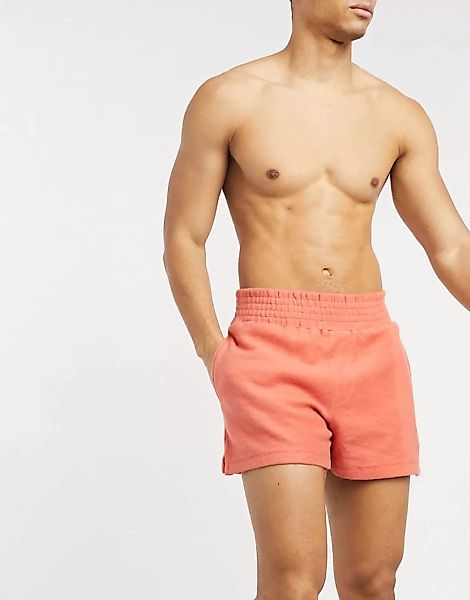 ASOS DESIGN – Rostrote Lounge-Pyjama-Shorts mit breitem Bund aus strukturie günstig online kaufen