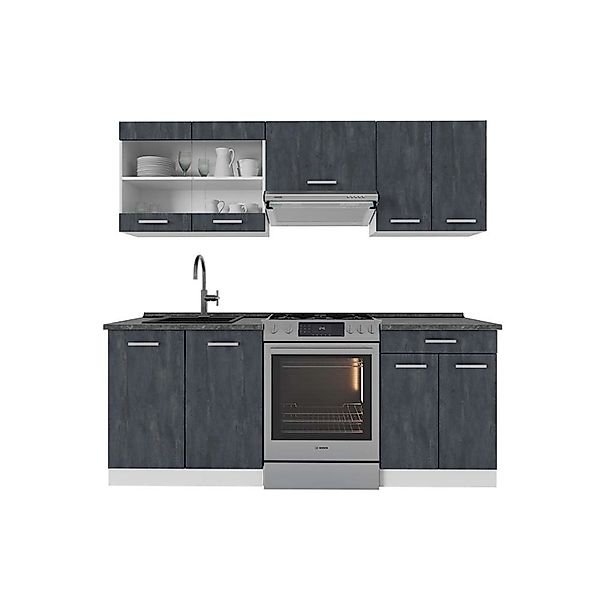 Vicco R-Line Küchenzeile Schwarz Beton/Weiß 200 cm AP Anthrazit ohne E-Gerä günstig online kaufen