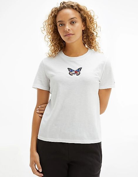 Tommy Jeans – T-Shirt in Weiß mit Schmetterlingsmotiv günstig online kaufen