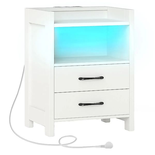 Costway Nachttisch mit Led-Lichtern & Ladestation 2 Schubladen Weiß 60 cm günstig online kaufen