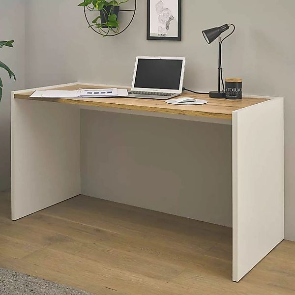Moderner Schreibtisch in Weiß und Wildeiche Holzoptik 143 cm breit günstig online kaufen