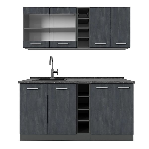 Vicco R-Line Mini-Küche Schwarz Beton/Anthrazit 160 cm AP Anthrazit günstig online kaufen