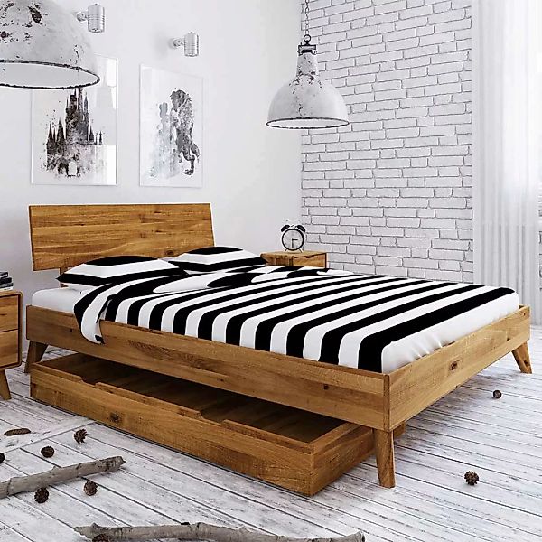 Holz Einzelbett aus Wildeiche Massivholz Bettkasten günstig online kaufen