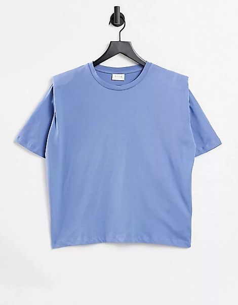 Vila – Kastenförmiges, kurzärmliges T-Shirt in Blau mit Schulterpolstern günstig online kaufen