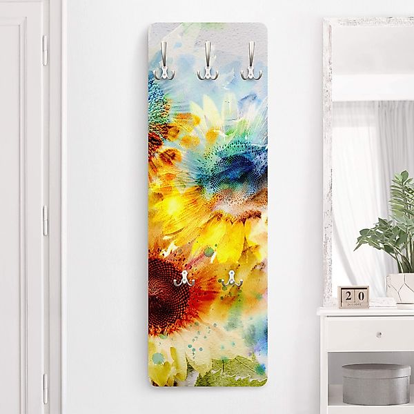 Wandgarderobe Holzpaneel Aquarell Blumen Sonnenblumen günstig online kaufen