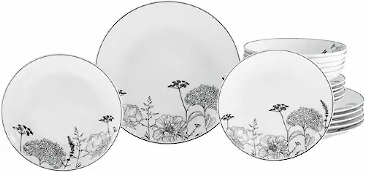 CreaTable Teller-Set »Luna Black Flower, Tellerset 18-tlg« Harmonische Coup günstig online kaufen