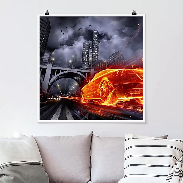 Poster - Quadrat Feuerauto günstig online kaufen