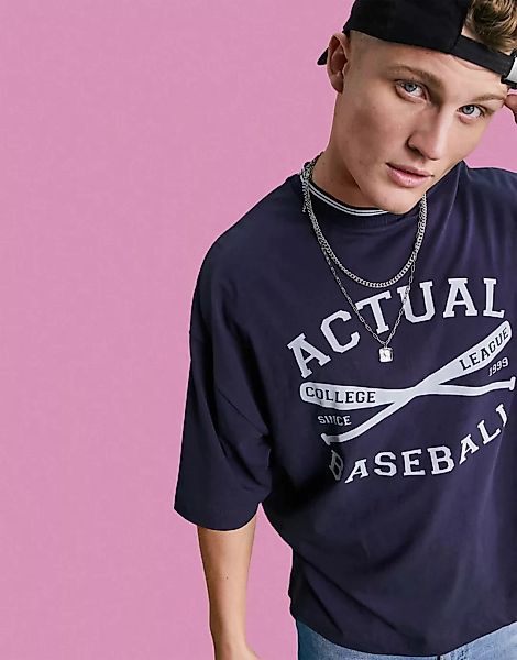 ASOS – Actual – Oversize-T-Shirt in Marineblau mit geripptem Ringer-Ausschn günstig online kaufen