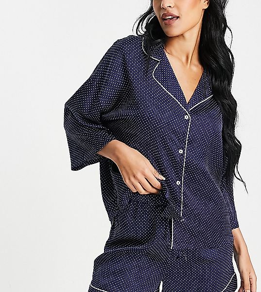 Vero Moda Tall – Set mit Satinhemd in Marineblau gepunktet mit Kontrastbort günstig online kaufen