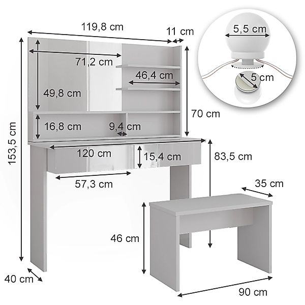 Vicco Schminktisch Azur Weiß/Weiß Hochglanz 120 cm mit Spiegelregal Bank & günstig online kaufen
