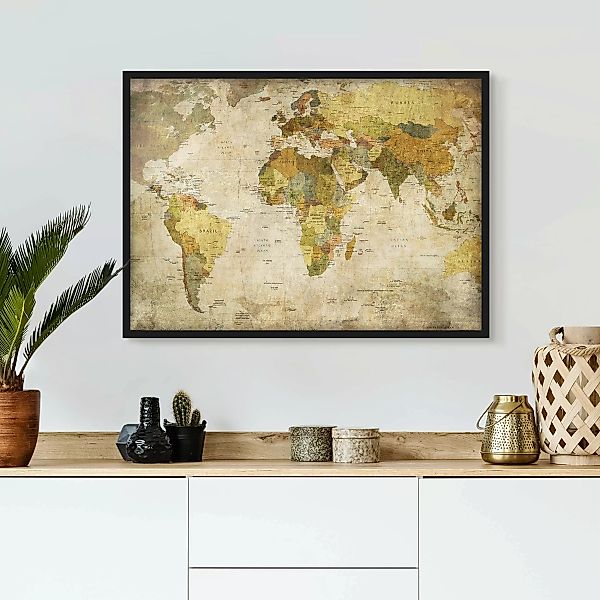 Bild mit Rahmen Stadt-, Land- & Weltkarte - Querformat Weltkarte günstig online kaufen