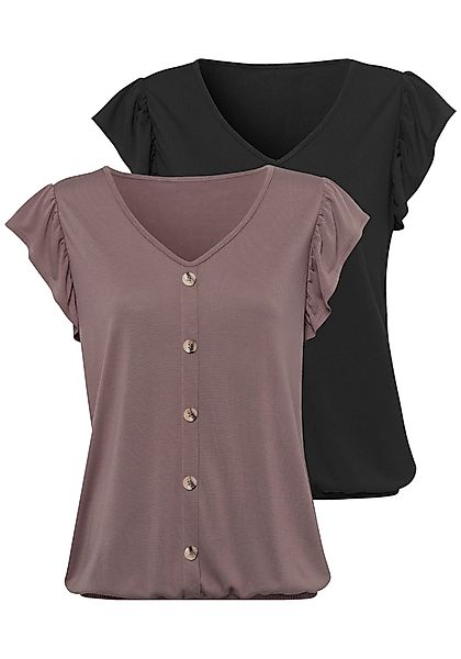LASCANA Kurzarmshirt "mit Zierknopfleiste und Flügelärmelchen", (2er-Pack), günstig online kaufen