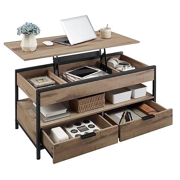 Songmics Couchtisch Barnet mit Offenem Fach Höhenverstellbar Braun-Schwarz günstig online kaufen