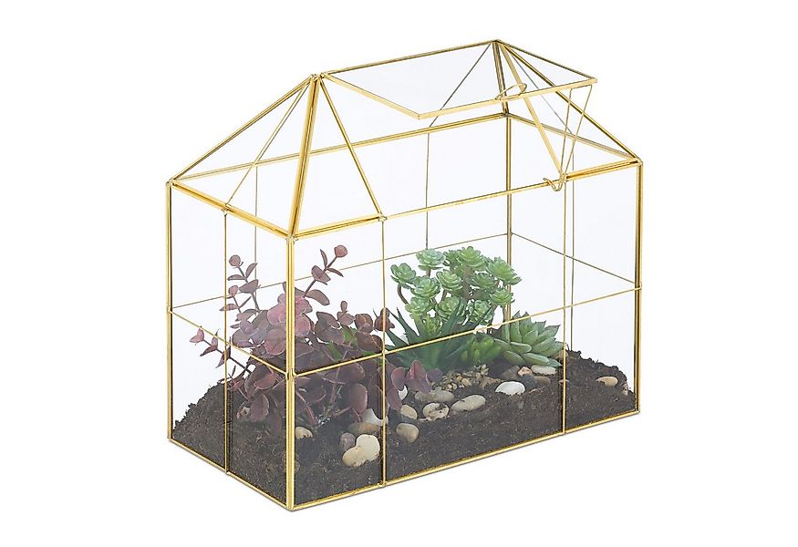 relaxdays Gewächshaus Großes Pflanzenterrarium Glas Hausform, gold günstig online kaufen