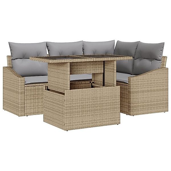 vidaXL Loungesofa 5 teiliges Garten Sofa Set mit Kissen beige Poly Rattan, günstig online kaufen