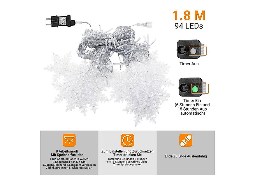 Jibenhome LED-Lichterkette Schneeflocke Lichtervorhang 8 Modi, Timer, mit S günstig online kaufen