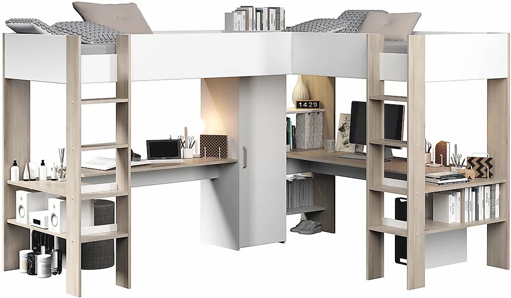 Doppel-Eckhochbett mit Stauraum & Schreibtisch - 2 x 90 x 200 cm - Weiß & H günstig online kaufen