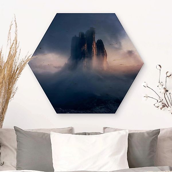 Hexagon-Holzbild Drei Zinnen in blauem Licht günstig online kaufen