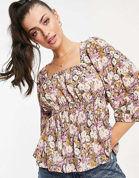 Vila – Bluse mit elastischer Taille und Blumenprint-Mehrfarbig günstig online kaufen