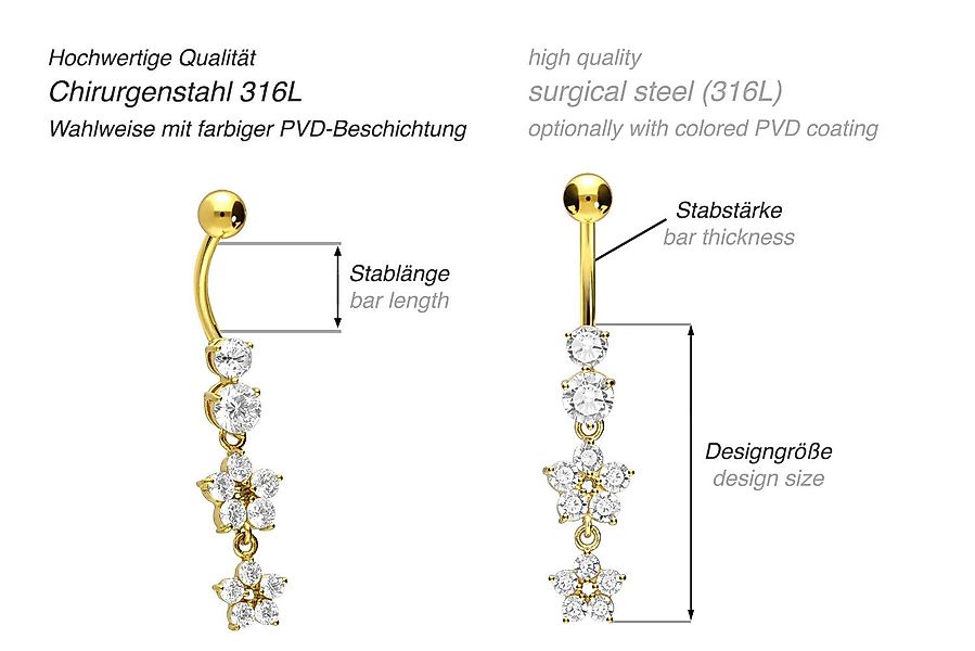 PIERCINGLINE Bauchnabelpiercing Chirurgenstahl Bananabell 2 KRISTALLBLUMEN günstig online kaufen