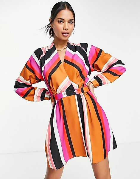 ASOS DESIGN – Gestreiftes Minikleid mit Wickeldetail-Mehrfarbig günstig online kaufen