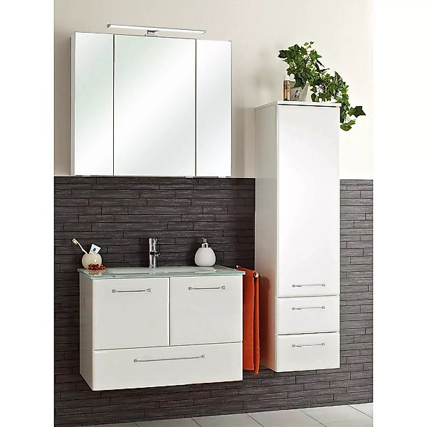 Badezimmer Set mit Glaswaschbecken QUEBEC-66 in weiß Hochglanz, B/H/T: ca. günstig online kaufen