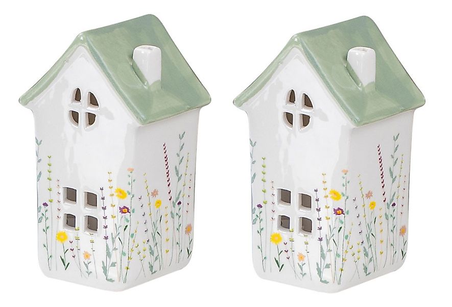 Levandeo® Windlicht, 2er Set Windlicht Häuser Grün Porzellan Teelichthalter günstig online kaufen