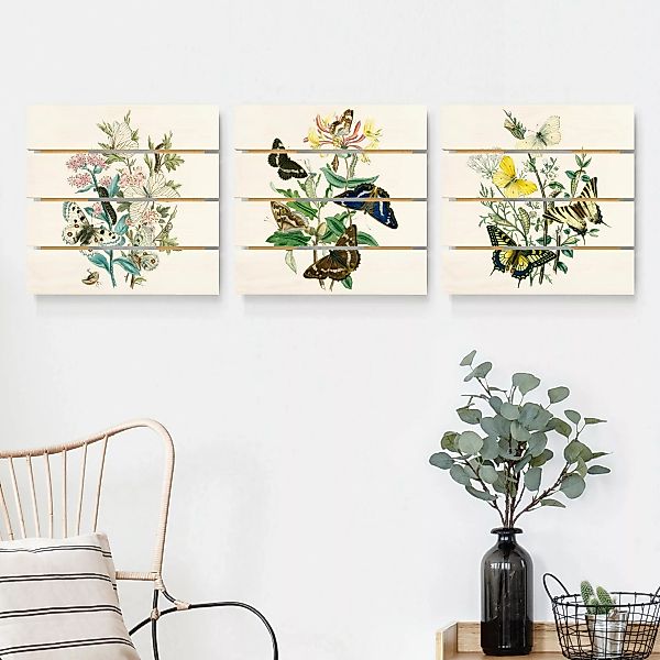 3-teiliges Holzbild Plankenoptik Blumen - Quadrat Britische Schmetterlinge günstig online kaufen