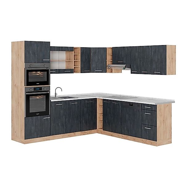 Vicco R-Line Einbauküche in L-Form Schwarz Beton/Goldkraft Eiche 237 x 247 günstig online kaufen