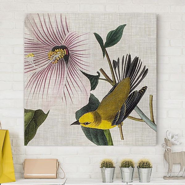 Leinwandbild Blumen - Quadrat Vogel auf Leinen Gelb I günstig online kaufen
