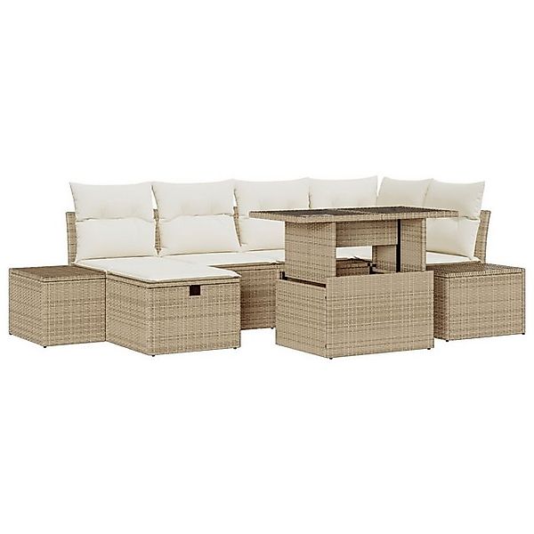 vidaXL Loungesofa 7-teiliges Garten Sofa Set mit Kissen Beige Poly Rattan, günstig online kaufen