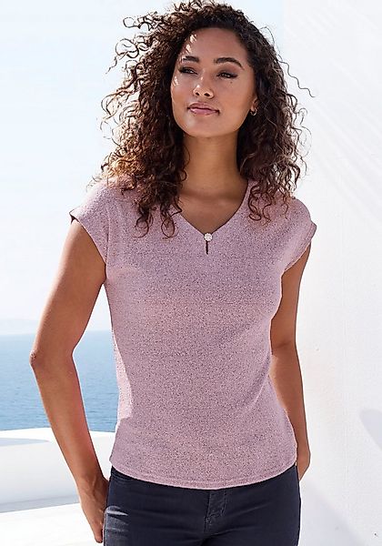 LASCANA Kurzarmshirt "mit Strassknopf in Blütenform", aus leichtem Feinstri günstig online kaufen