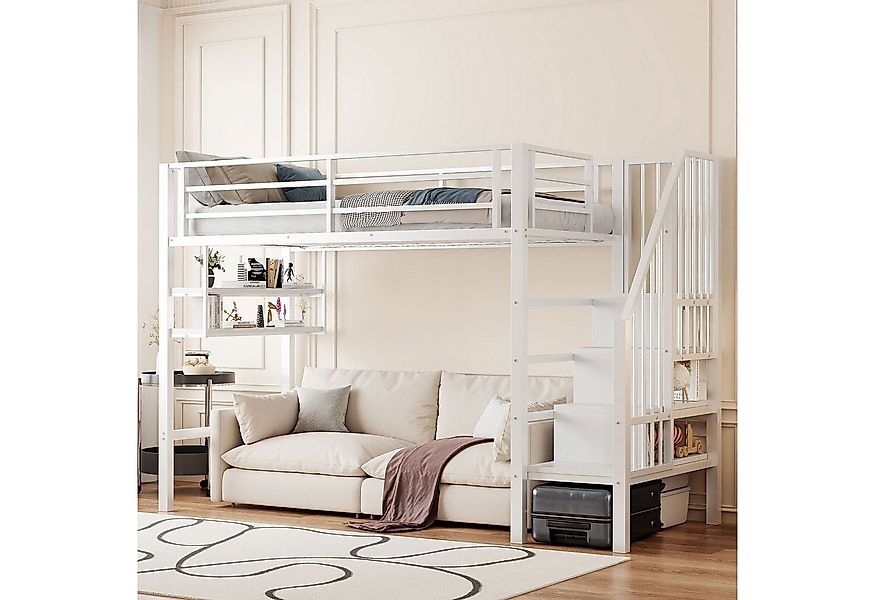 Flieks Hochbett Metallbett 90x200cm mit Einlegeböden und Stauraumtreppe günstig online kaufen