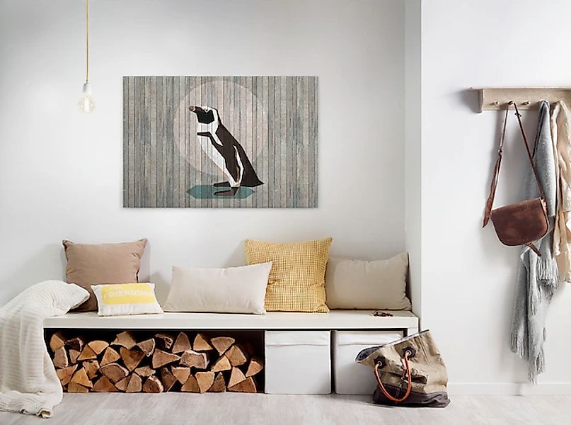 Bricoflor Pinguin Wandbild In Holz Optik Graues Leinwandbild Mit Tier Motiv günstig online kaufen