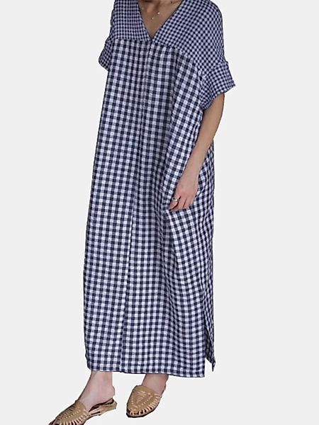 Plaid Print Patchwork Short Sleeve Maxi Dress For Women günstig online kaufen