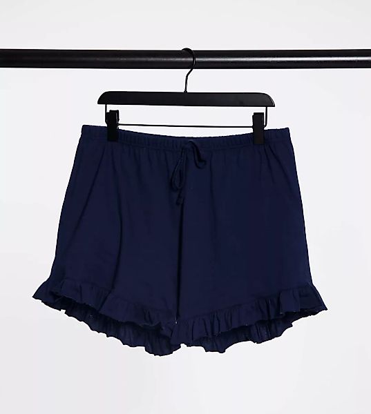 Outrageous Fortune Plus – Marineblaue Pyjama-Shorts mit Rüschen günstig online kaufen