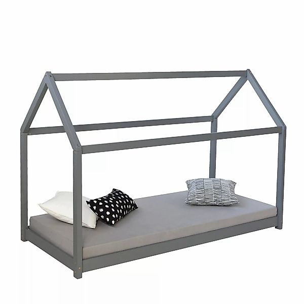 Homestyle4u Kinderbett 80x160 cm mit Matratze Hausbett Grau Bodenbett günstig online kaufen