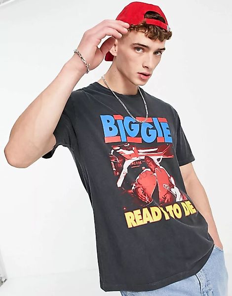 Topman – Oversize-T-Shirt in verwaschenem Schwarz mit „Biggie“-Print günstig online kaufen