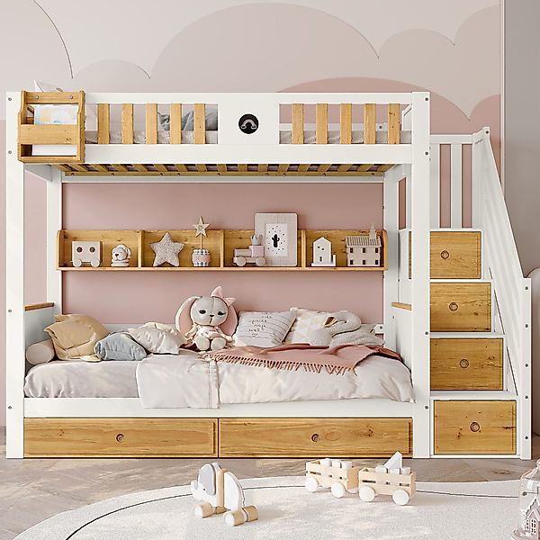 Flieks Etagenbett, Massivholz Kinderbett mit Stauraumtreppe günstig online kaufen