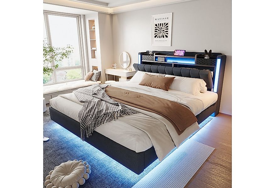 Flieks Polsterbett, LED Schwebebett Doppelbett 160x200cm mit USB-Aufladen u günstig online kaufen