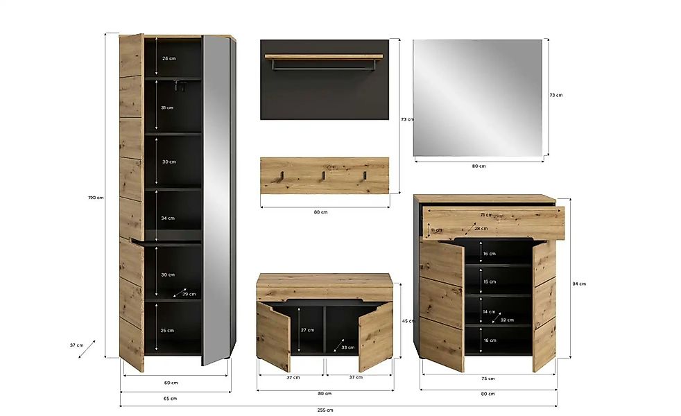 Garderobenkombination  Canu ¦ holzfarben ¦ Maße (cm): B: 255 H: 190 Gardero günstig online kaufen