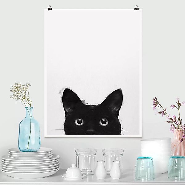 Poster Tiere - Hochformat Illustration Schwarze Katze auf Weiß Malerei günstig online kaufen