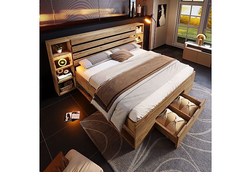 Ulife Massivholzbett Struraumbett Funktionsbett mit LED-Beleuchtung und USB günstig online kaufen