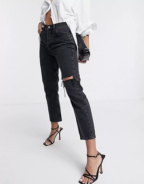 Topshop – Editor – Jeans mit Oberschenkel-Riss in verwaschenem Schwarz günstig online kaufen