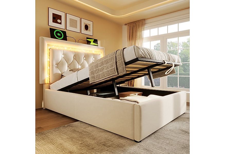 Flieks Polsterbett, Hydraulisches Stauraumbett 90x200cm mit LED-Diamantband günstig online kaufen