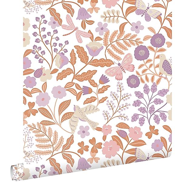 ESTAhome Tapete Blumen und Vögel Violett und Terrakotta 53 cm x 10.05 m günstig online kaufen