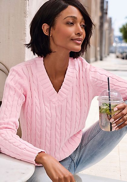 LASCANA V-Ausschnitt-Pullover mit Zopfstrickmuster günstig online kaufen