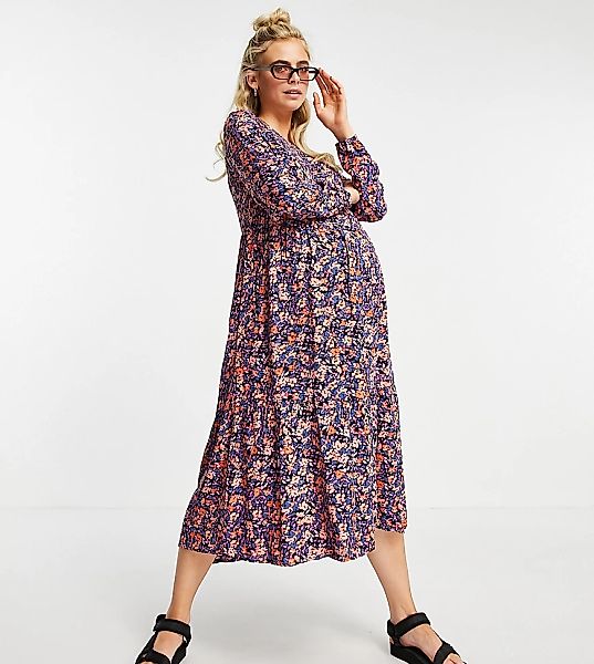Pieces – Umstandsmode – Midi-Hängerkleid in Lila mit Blumenmuster-Mehrfarbi günstig online kaufen