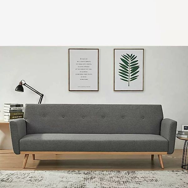 Dreisitzer Sofa in Dunkelgrau und Holz Naturfarben Rücken Klappmechanik günstig online kaufen