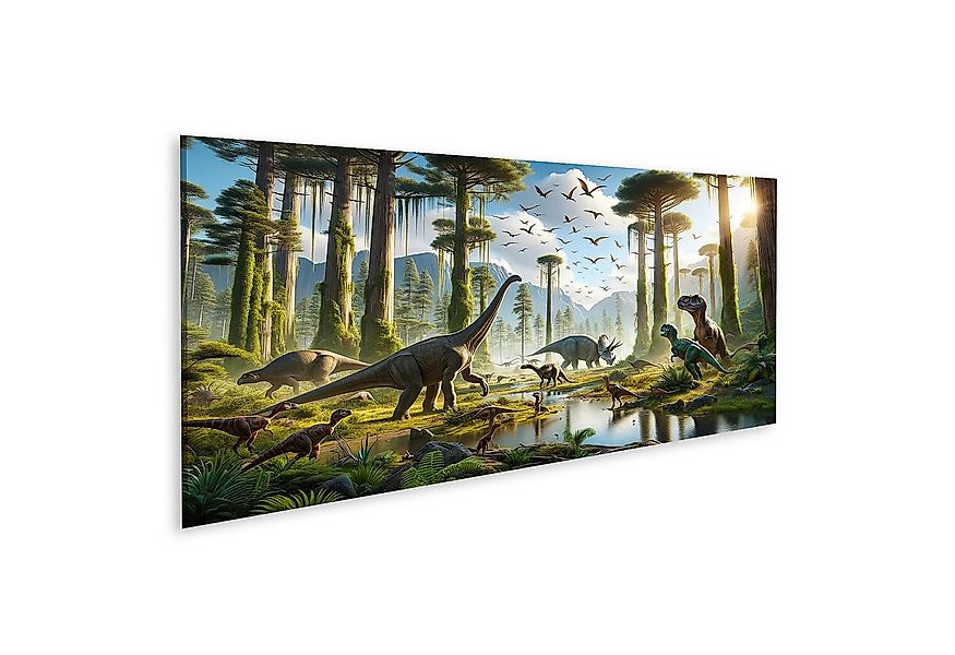 islandburner Leinwandbild Leinwandbild Dinosaurier-Panorama - 120x40cm günstig online kaufen
